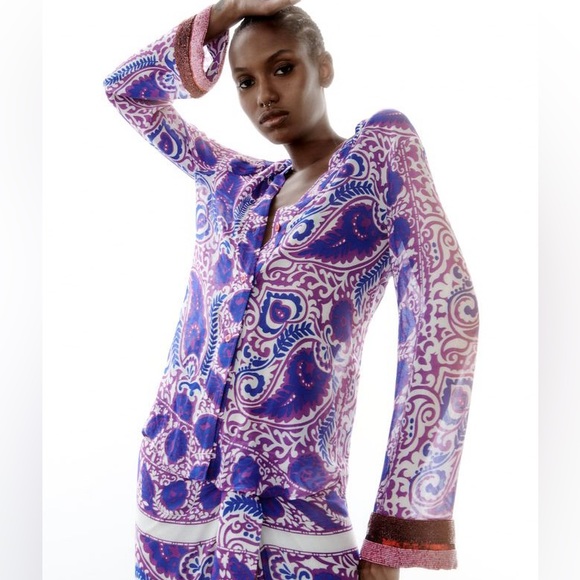 ZARA PURPLE PAISLEY PRINT TOP WITH BEADED CUFFS - Picture 1 of 14